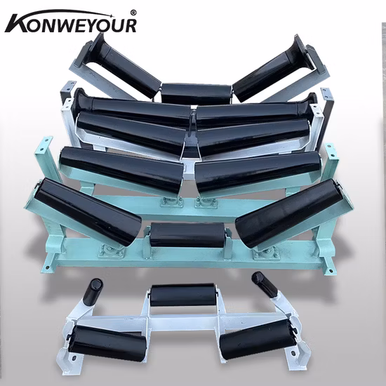 Belt Conveyor HDPE Nylon Plastic Steel Self Aligning Training Carry Carrier Trough Rubber Coated Disc Impact Offset Flat Return Wing Guide Garland Roller