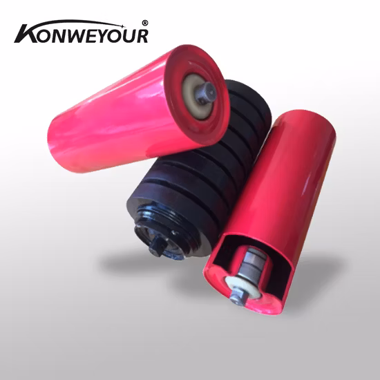 Transportador de banda HDPE Nylon Plástico Acero Capacitación autoalineable Portador de transporte Disco recubierto de goma Compensación de impacto Retorno plano Guía de alas Rodillo de guirnalda